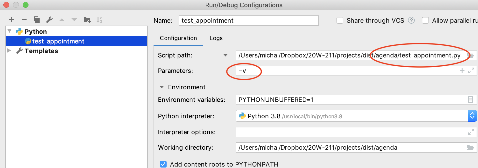 Pycharm configure test script